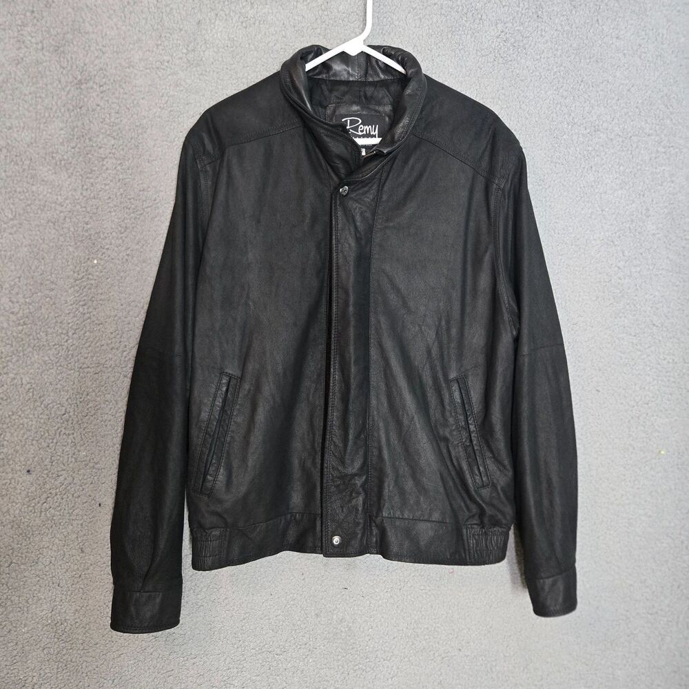 Remy Leather Jacket Mens 42 Black Full Zip Bomber Coat 9 Elastic Waist